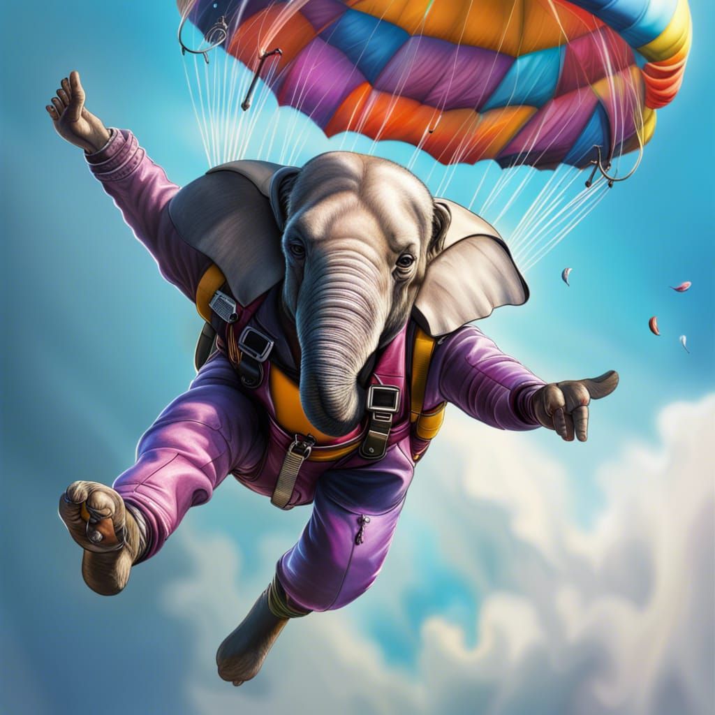 Laughing Elephant Skydiving in Hyperrealistic Style
