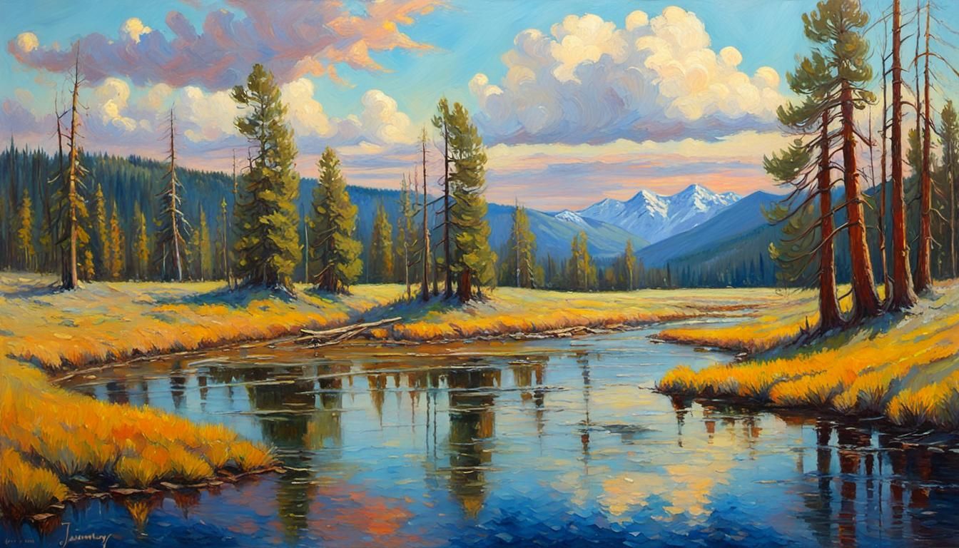 Yellowstone Spring Sunrise Panorama: Impressionistic Oil Pai...