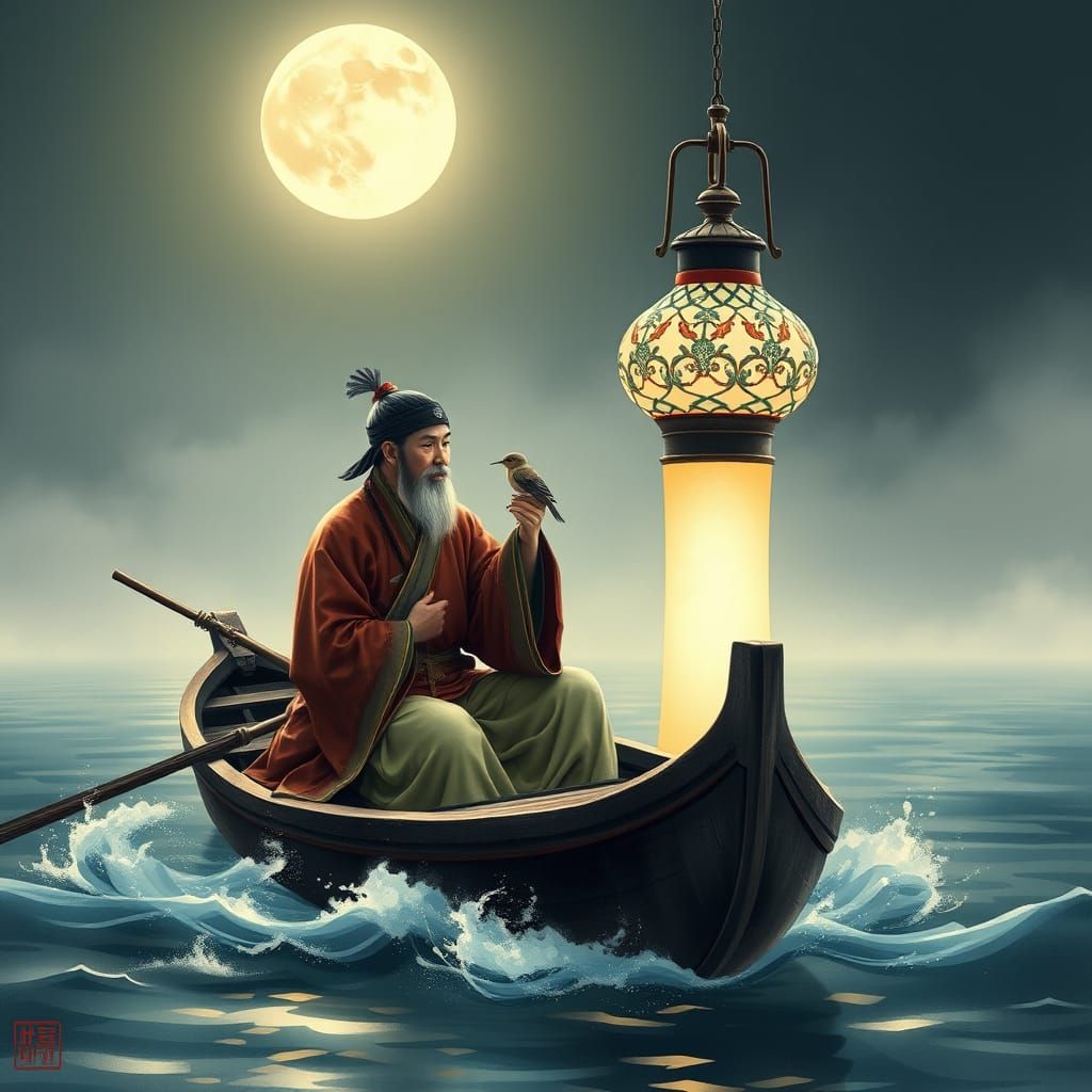 Chinese Fisherman under Full Moon Speaks with Nightingale