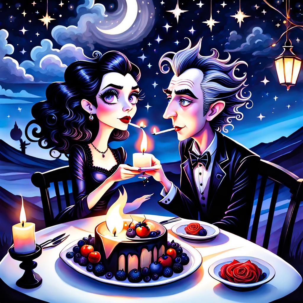 Goth Couple's Romantic Candlelit Dinner, Burton-esque