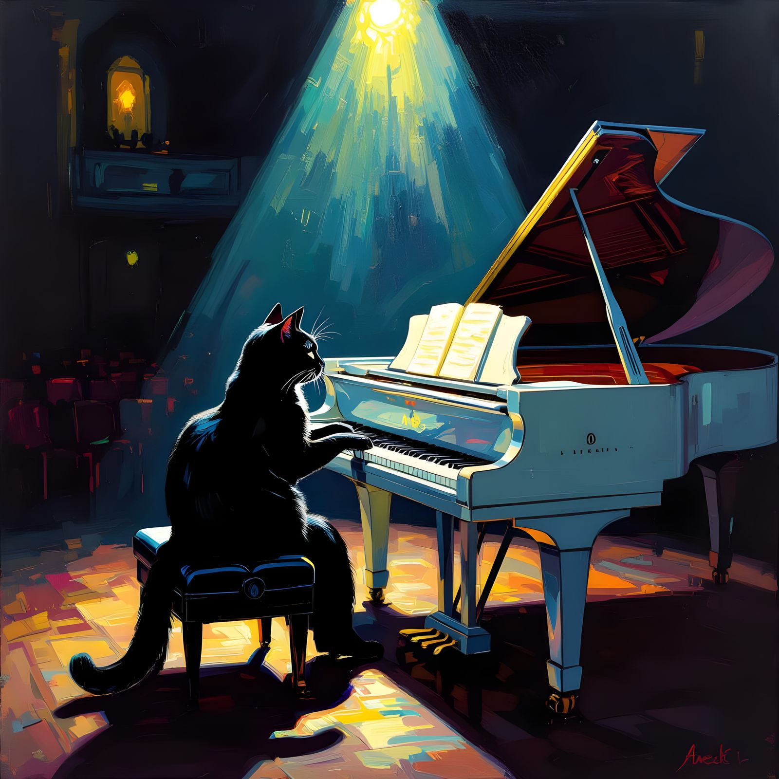 Black Cat Plays Piano in Van Gogh Style
