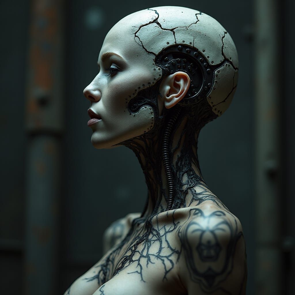 Gothic Woman with Flesh Tattoos in Biomechanical Setting