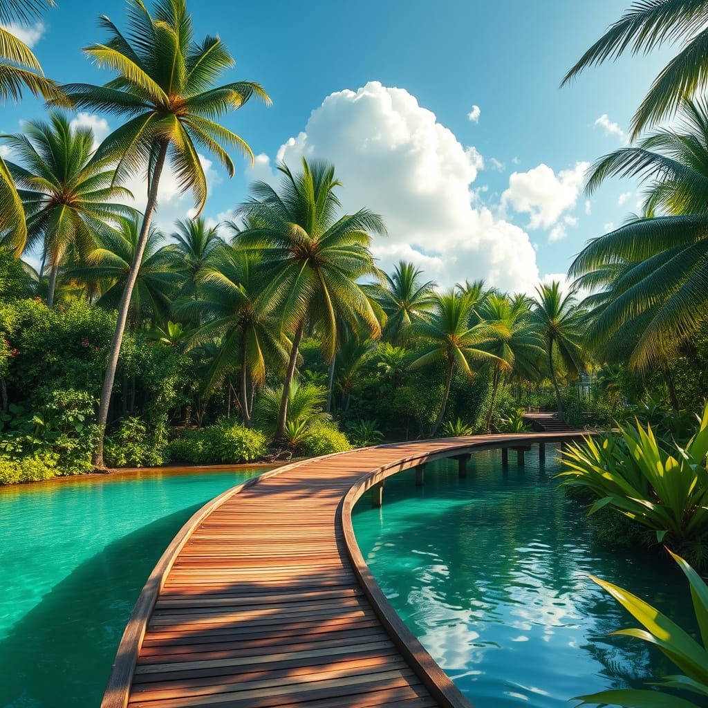 Tropical Boardwalk Paradise in Digital Art Style