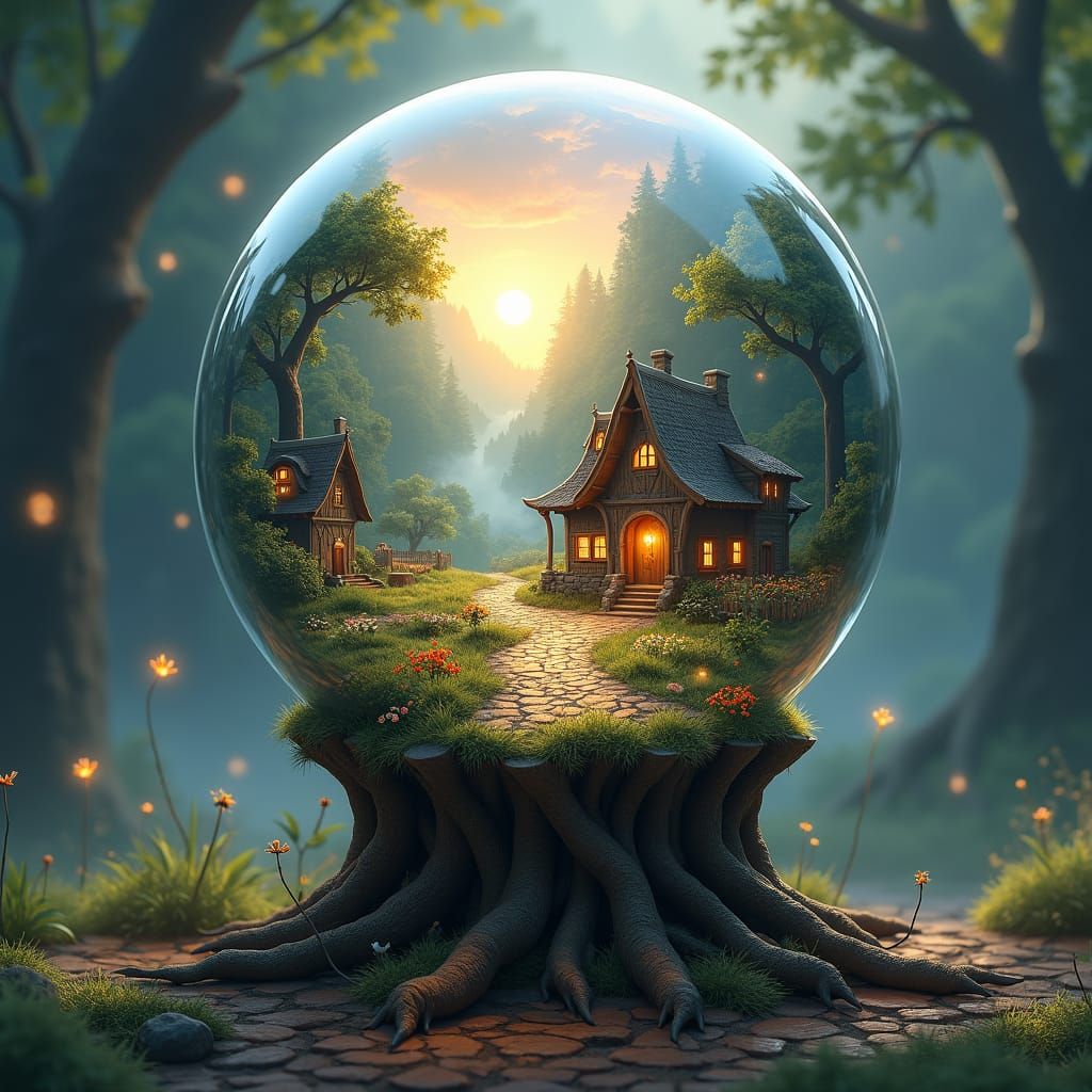 Enchanted Village in Crystal Ball, Detailed Matte Painting