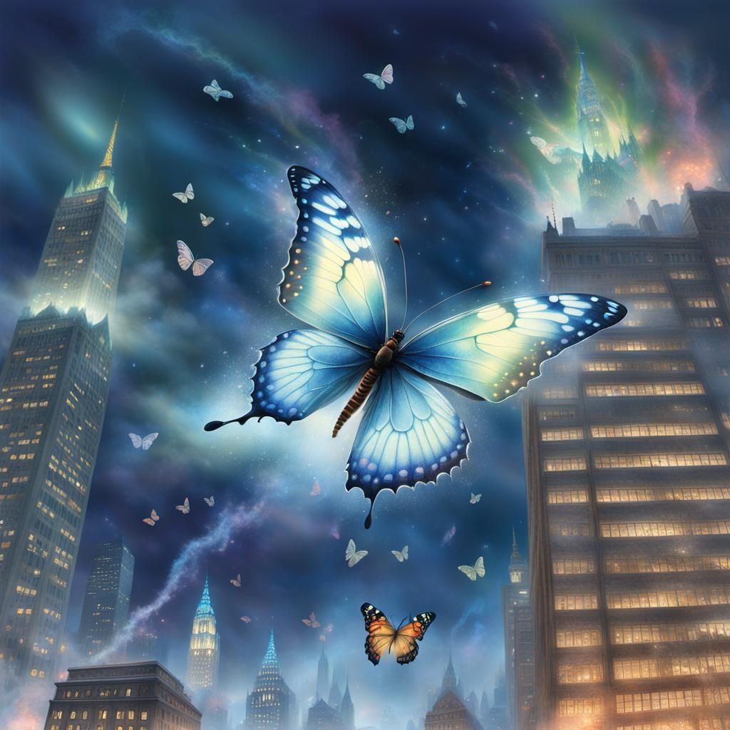 Giant Butterfly Soaring Through City, Ethereal Fantasy