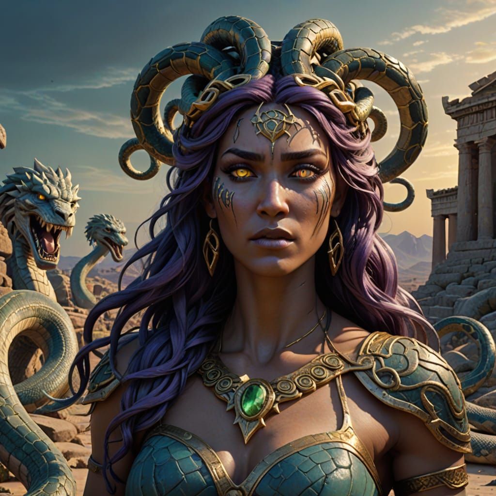 Gorgon Goddess Medusa Reigns in Ancient Greek Desert Ruins