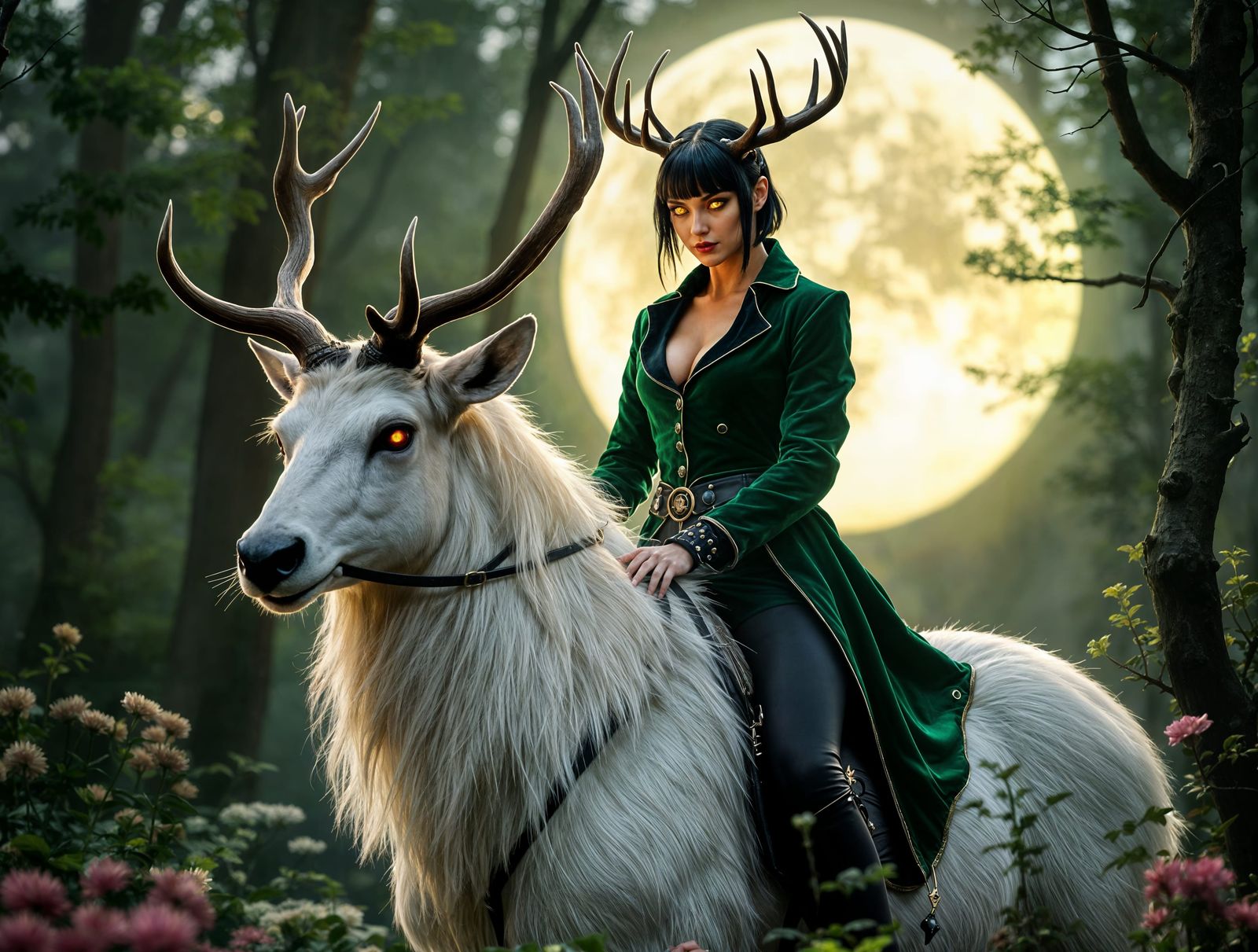 Mystical Huntress with Antlers Rides Glowing Stag