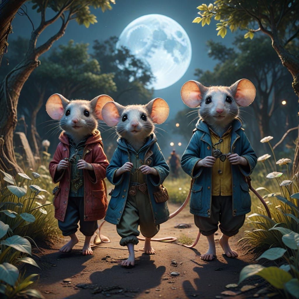 Whimsical Mouse Family Promenade Under Ethereal Moonlight