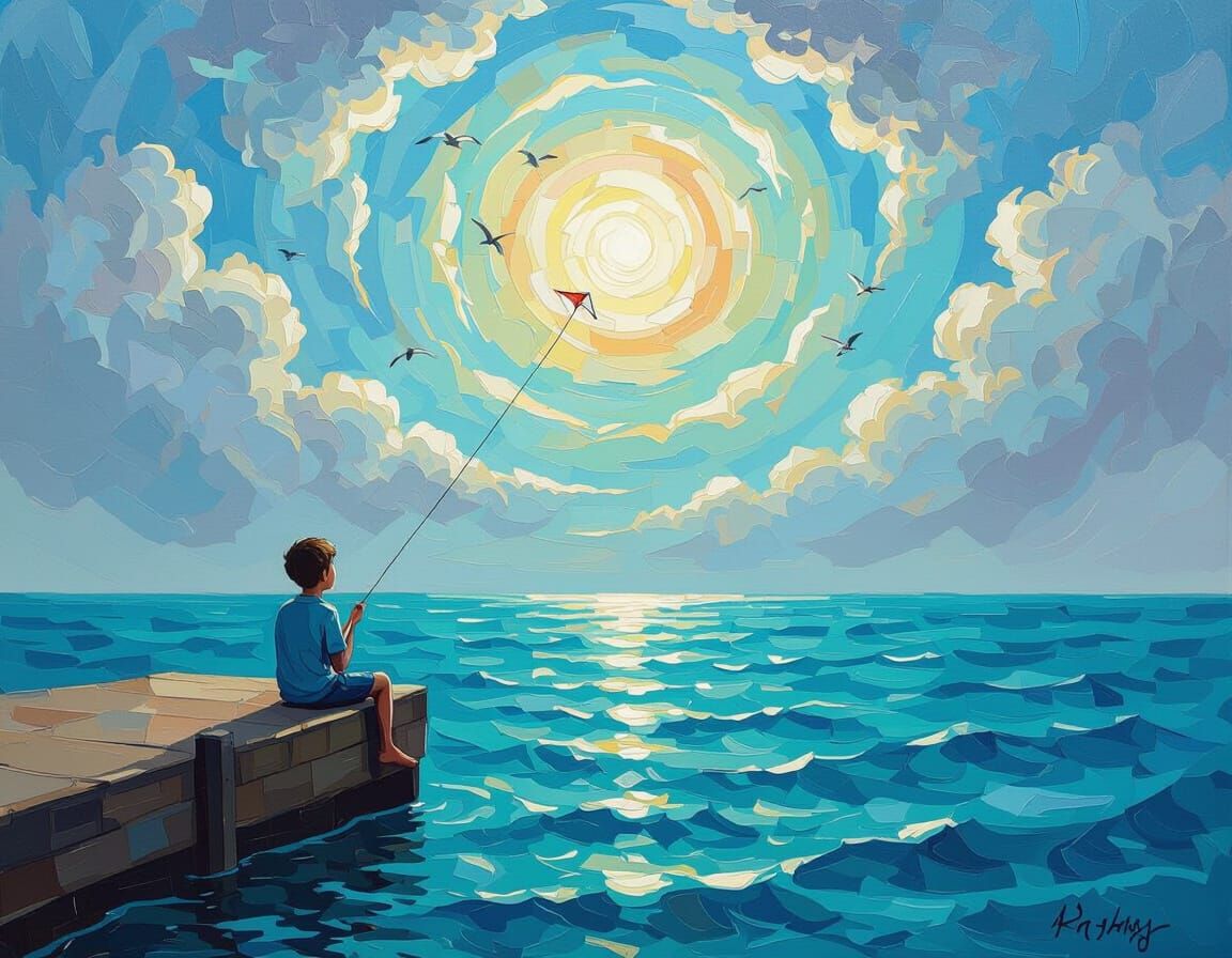 Lone Boy Flying Kite on Dock, Detailed Painting