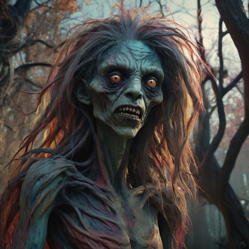 A dark, ominous scene with a large, hyperrealistic grotesque creature that appears to be consuming a smaller, female hum...