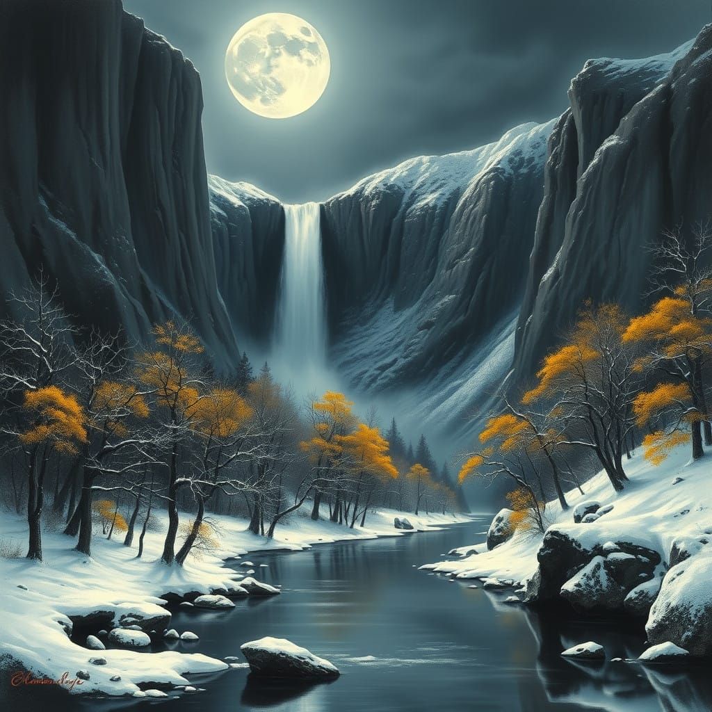 Ethereal Winter Valley Under the Light of a Full Moon