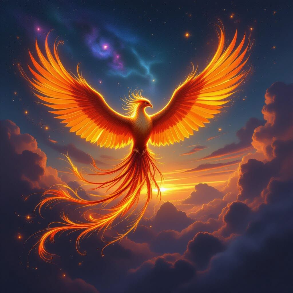 Phoenix of Molten Gold Soars Through Cosmic Twilight