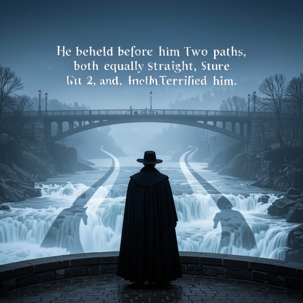 Mysterious Figure on Bridge at Night, Foggy River Scene