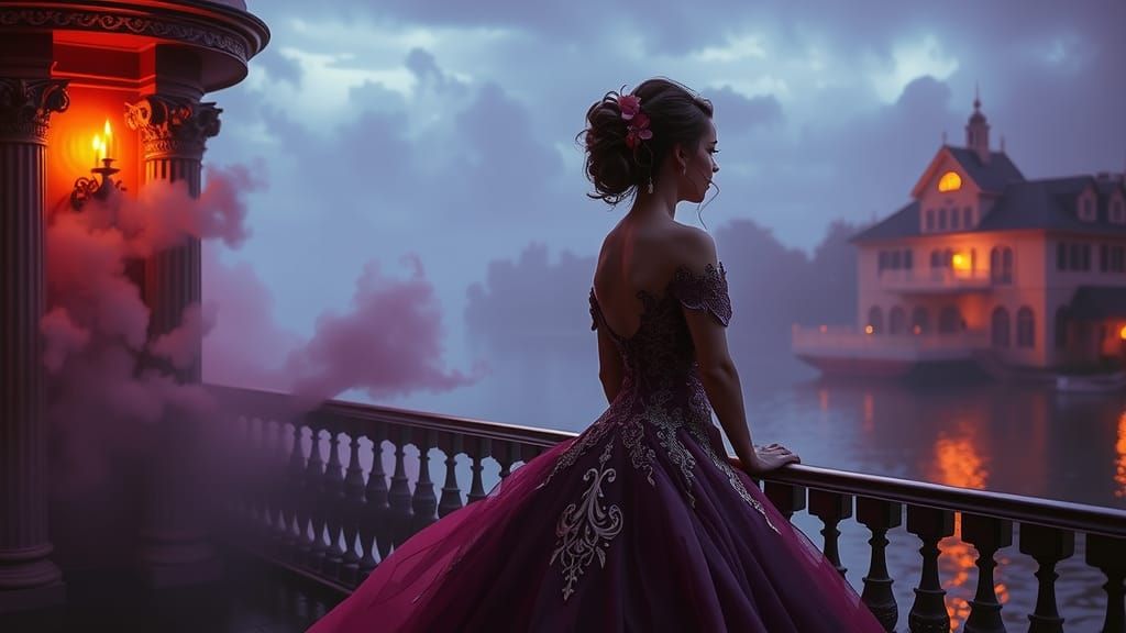 Elegant Woman in Gown at Lakeside Hotel