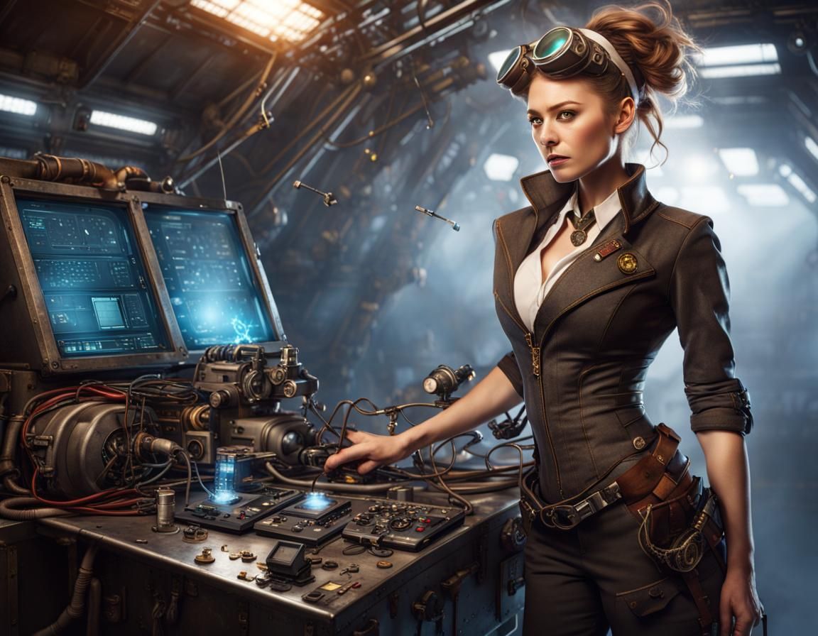 Steampunk Engineer on Starship Bridge, Glamour Shot