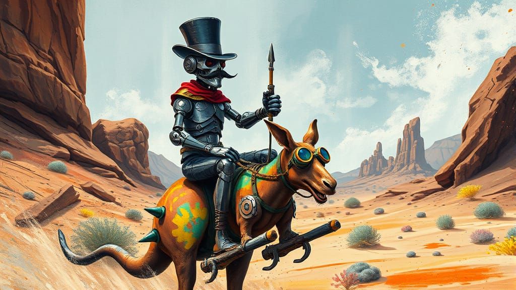 Epic Robot Gentleman Rides Kangaroo through Desert Landscape