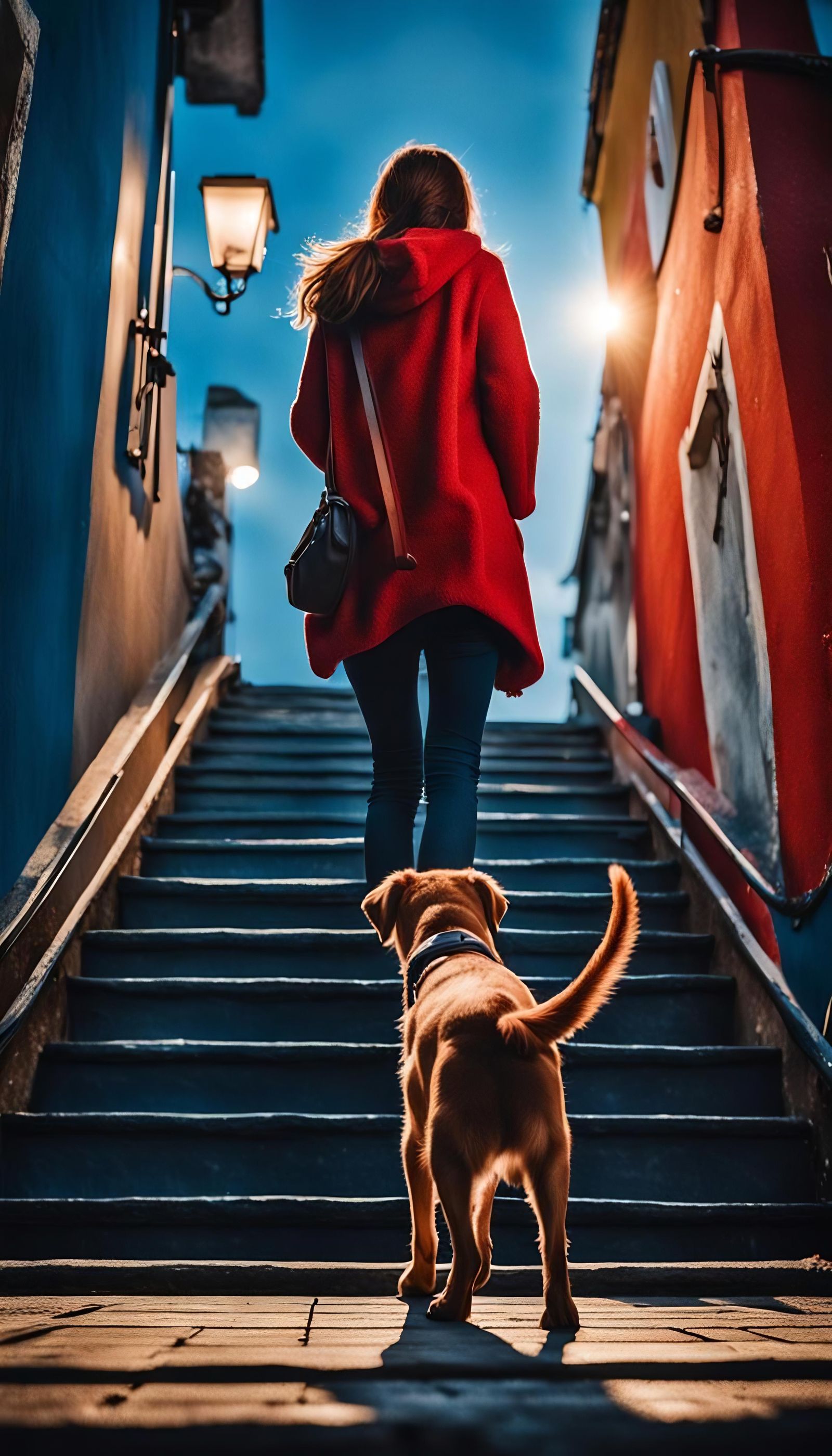 A Woman Climbing Stairs at Daybreak, Reflected in Ambient Li...