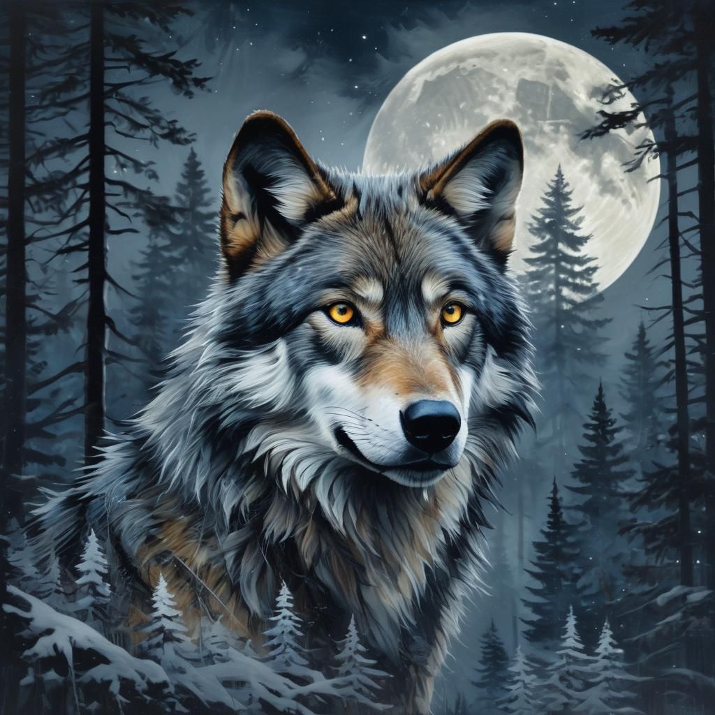 Double Exposure Wolf in Moonlit Forest Painting