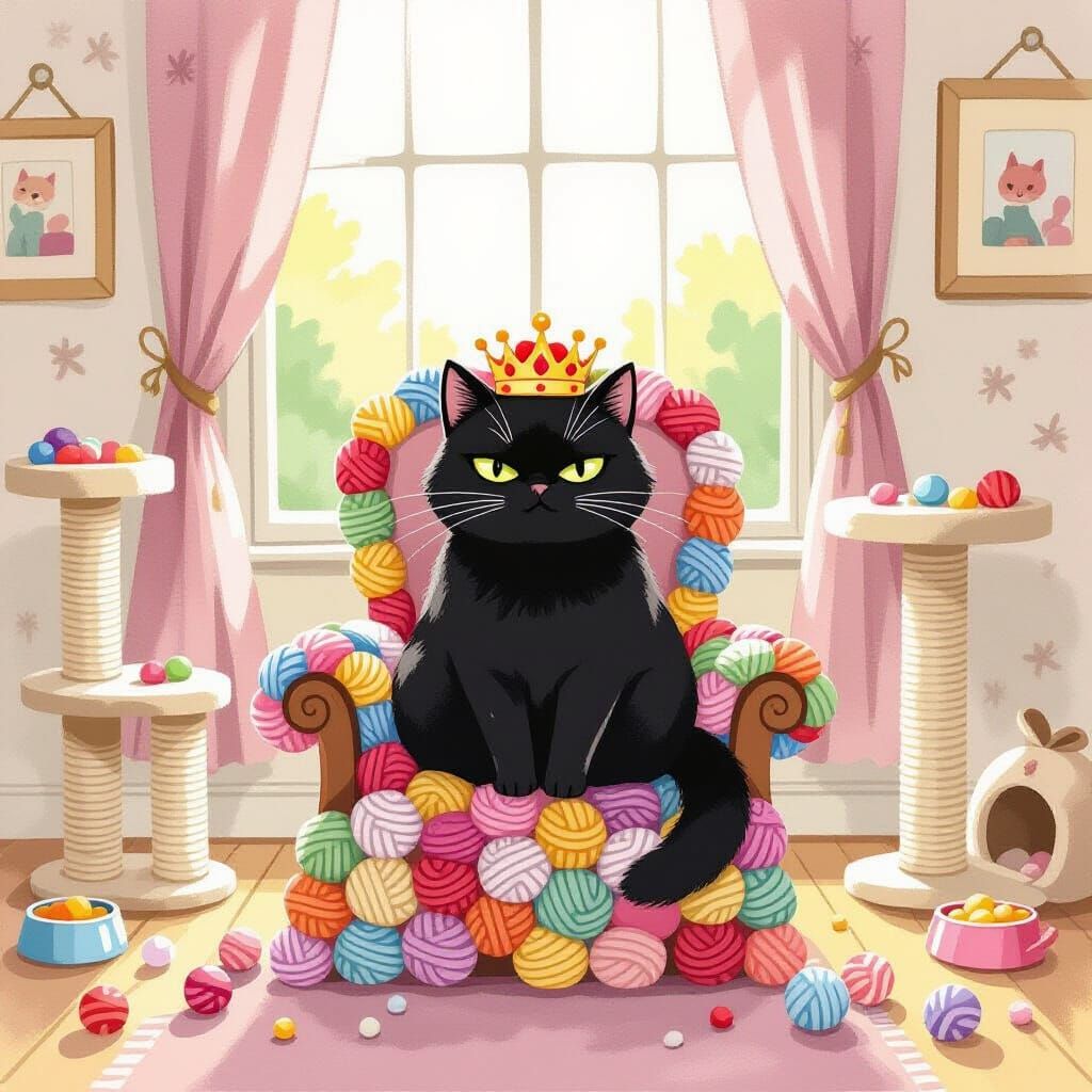 Regal Black Cat on Yarn Throne, Watercolor Style
