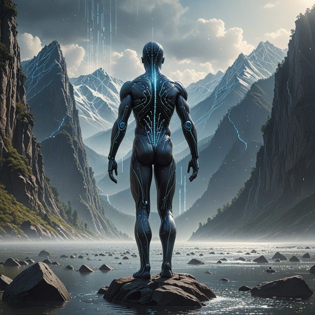 Digital Figure in Binary Code Landscape