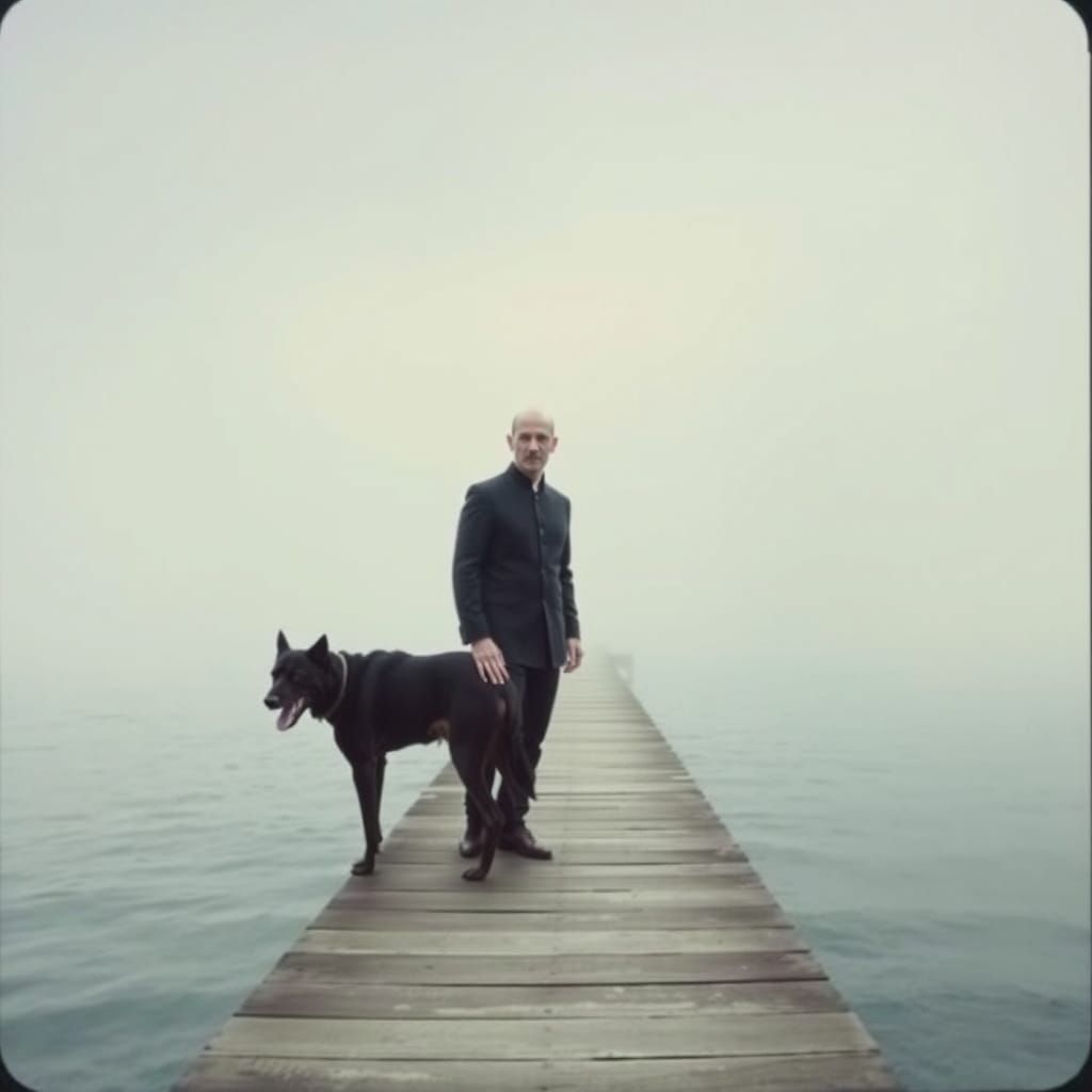 Photorealistic Janus-Headed Man with Two-Headed Dog