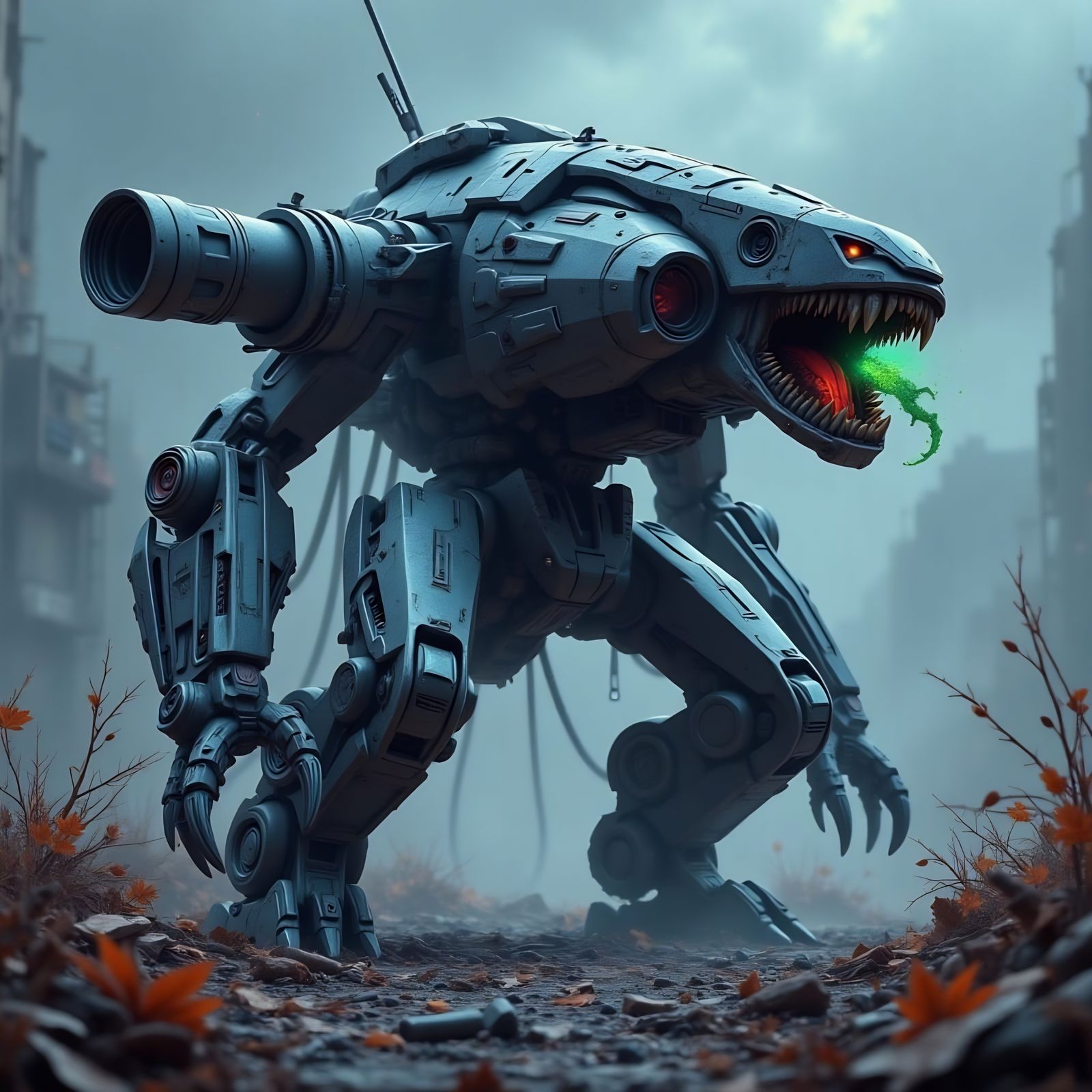 Cyberpunk Mech Amidst Post-Apocalyptic Ruins