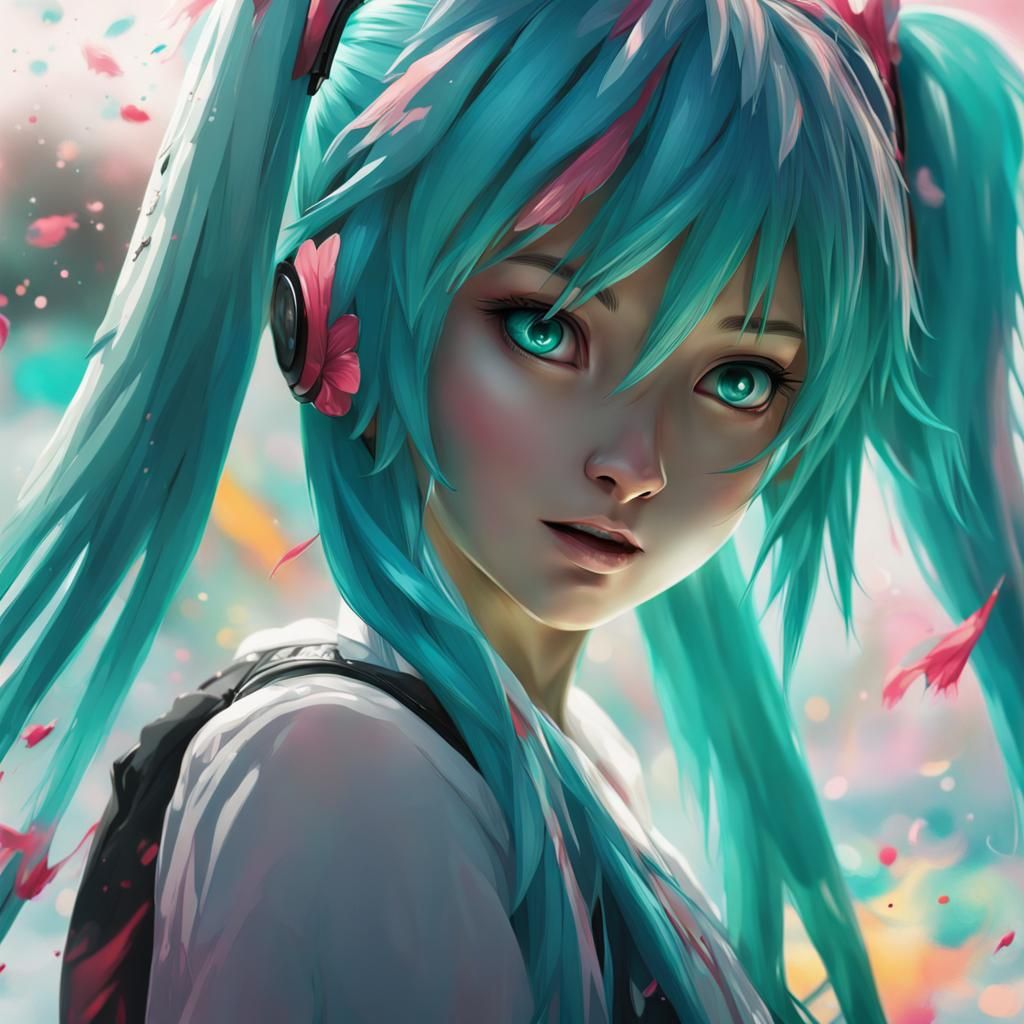 Detailed Hatsune Miku Portrait in Splash Art Style