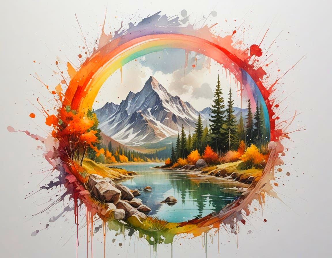 Vibrant Rainbow Over Reflective Mountain Lake After Rain