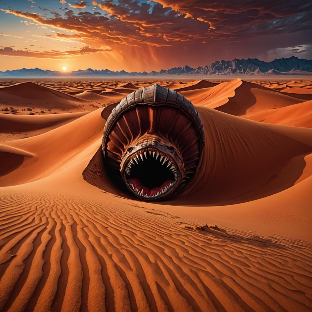 Sandworm Emerges on Arrakis: Surrealist Oil Painting