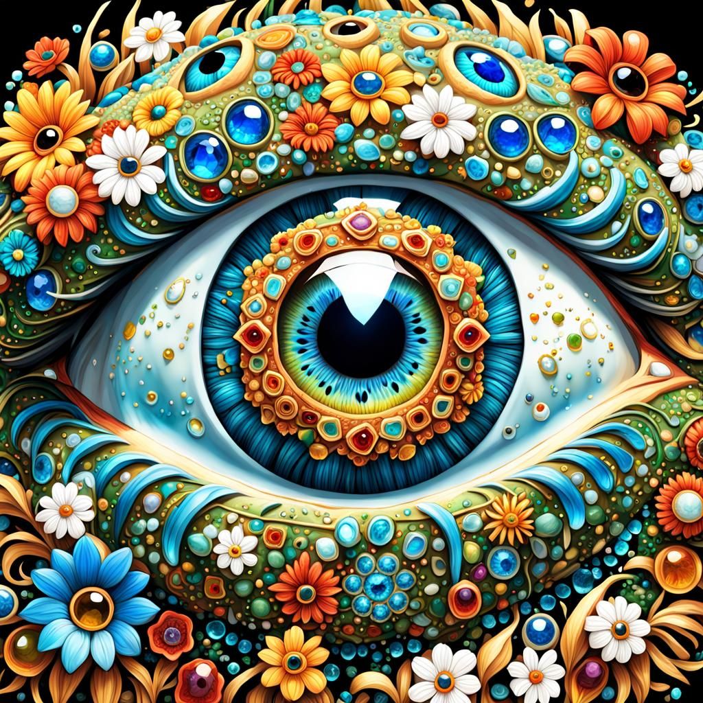 Detailed Animal Eye with Gems and Flowers