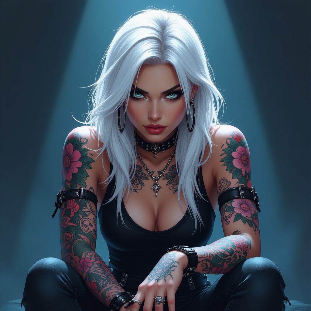 White Haired Badass Girl with Tattoos in Concept Art Style
