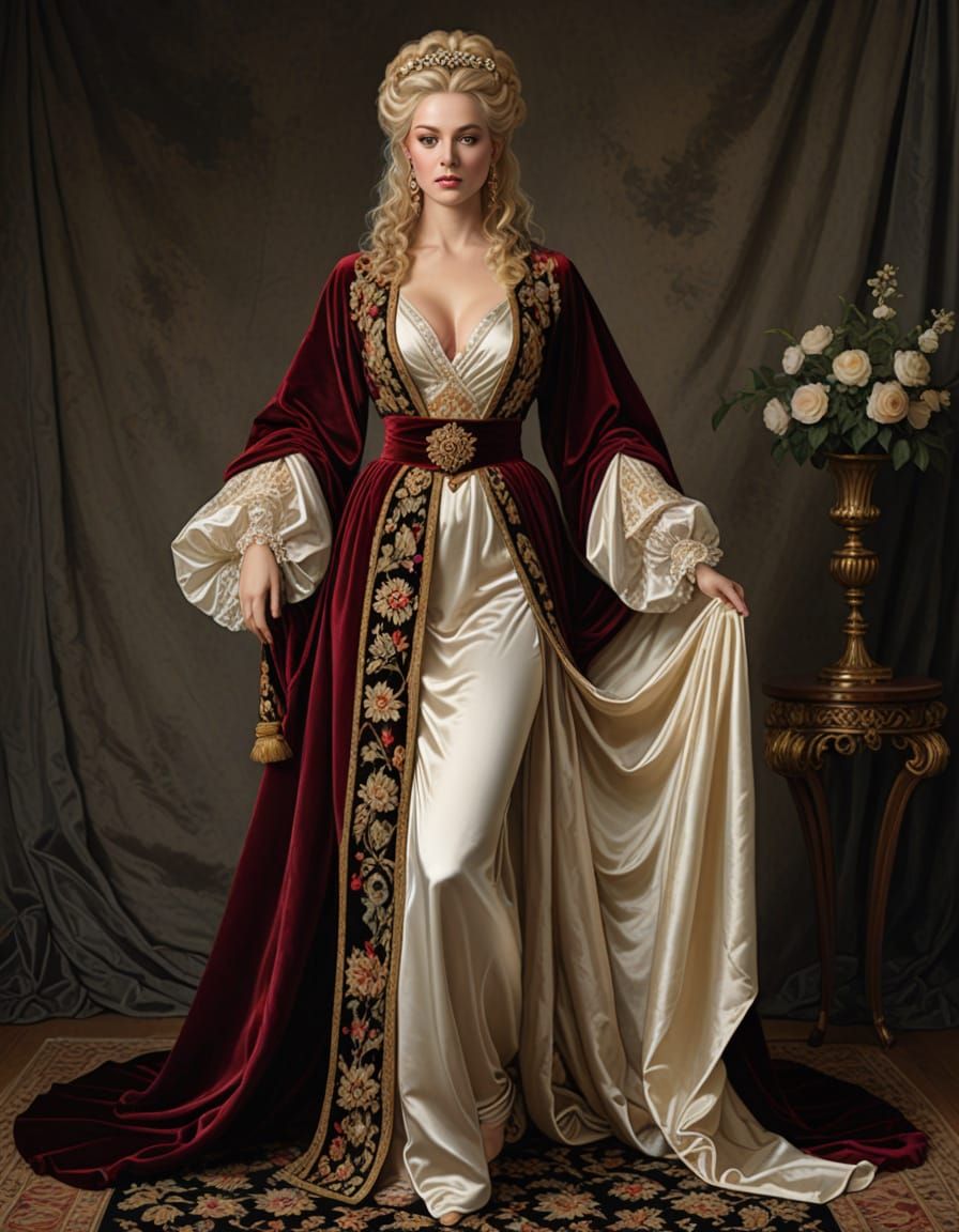 Renaissance Noblewoman in Elaborate Silk and Velvet Attire