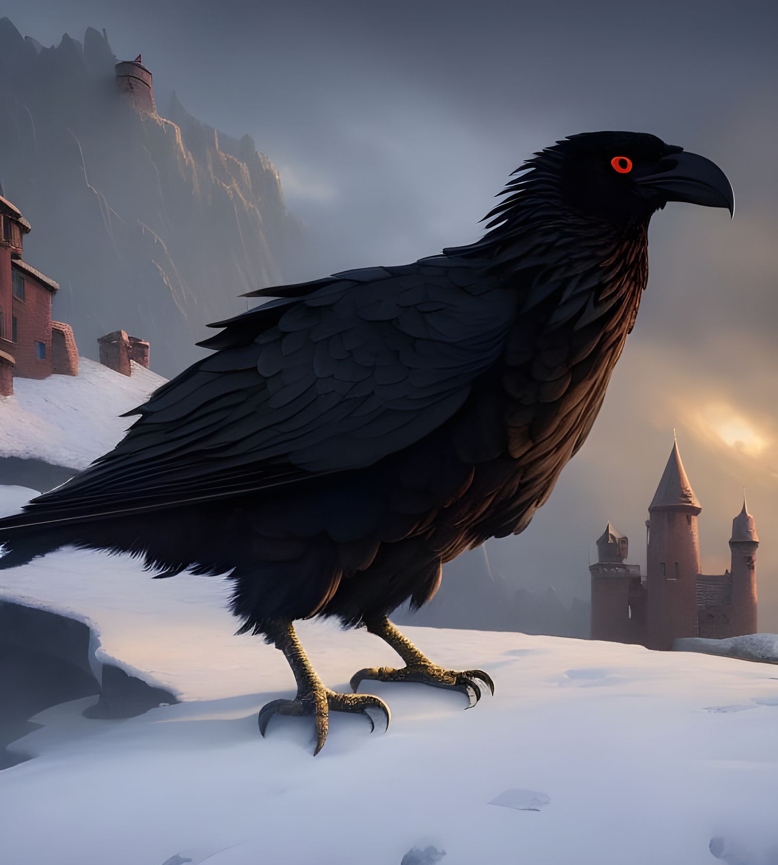 Giant Red-Eyed Raven Portrait with Snowy Castle