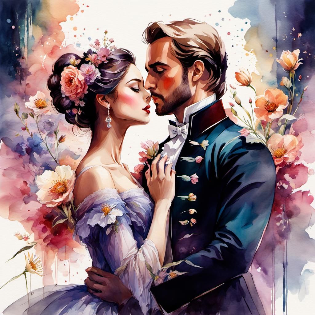 Romantic Couple Perform Flower Duet, Watercolor Illustration