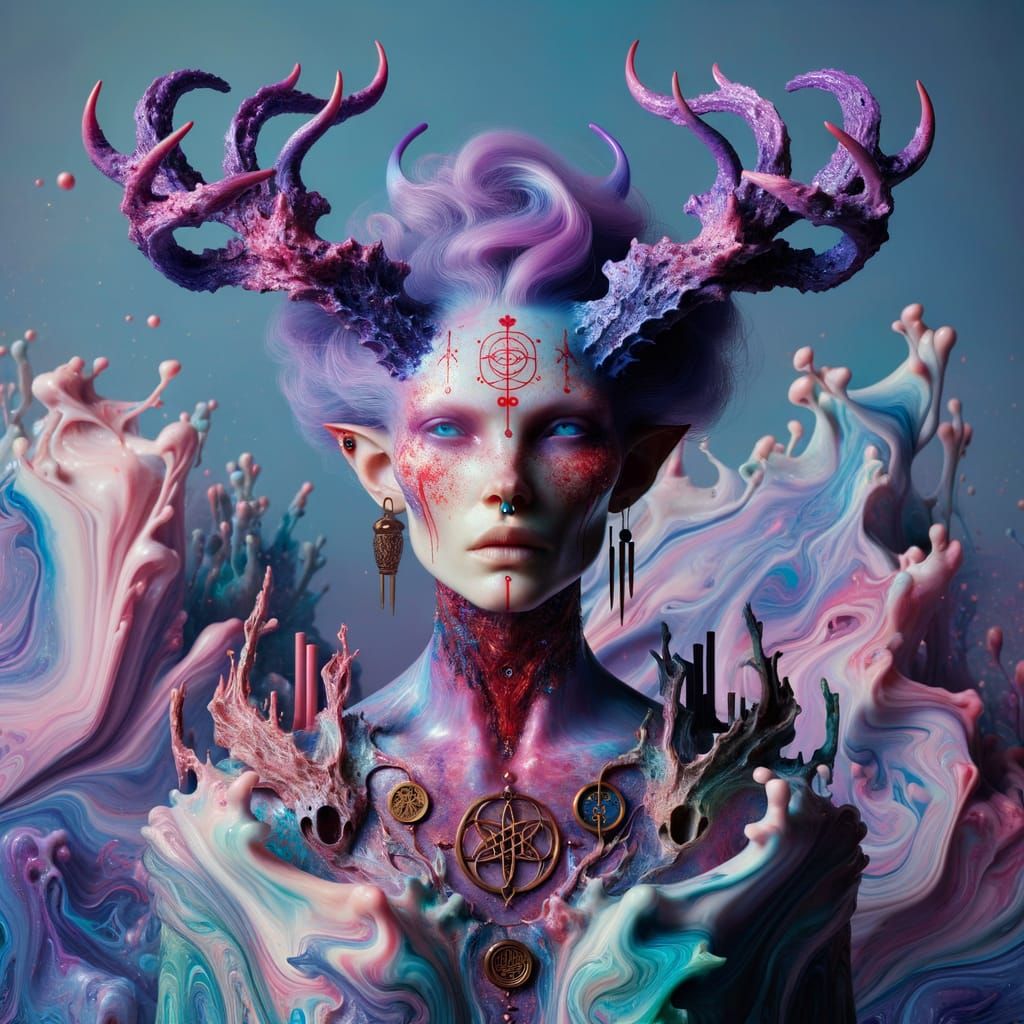 Surreal Goddess of Iridescent Beauty in Whirlpool Gown