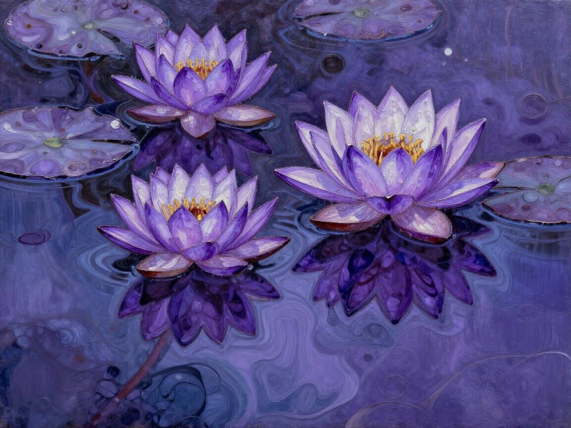 Purple Water Lily Reflection in Baroque Rococo Style