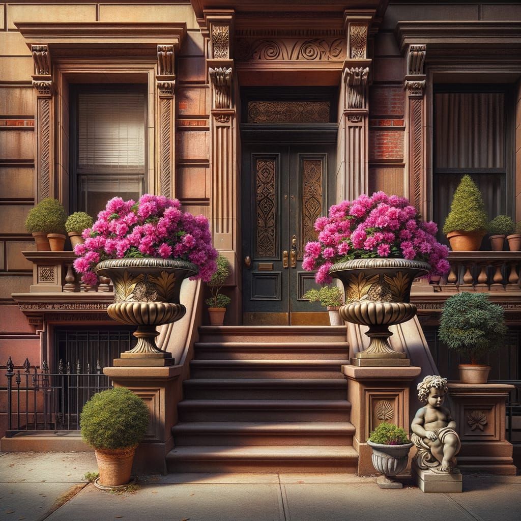 Brownstone Building with Azaleas and Bronze Urns