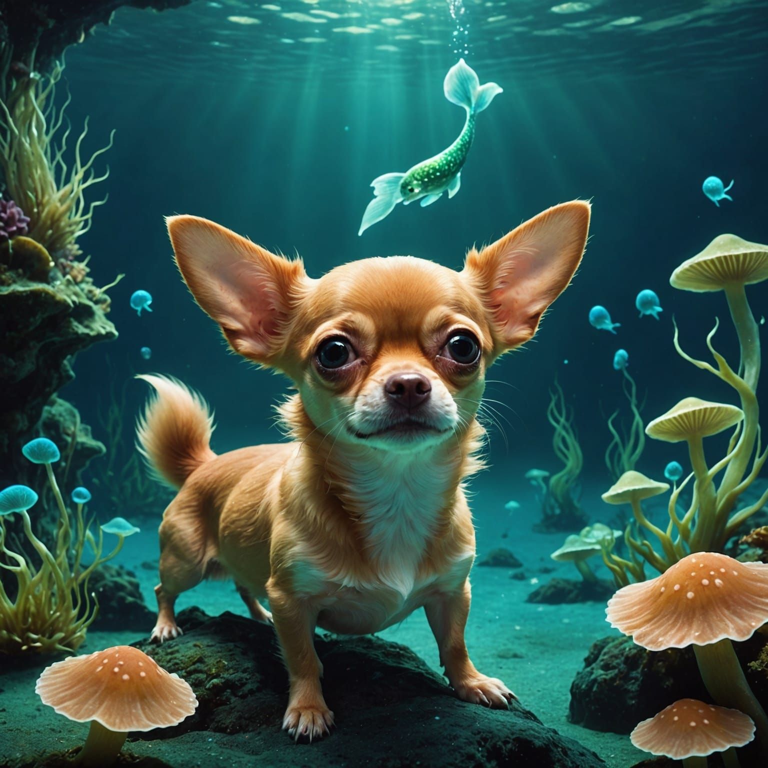 Applehead Chihuahua Mermaid in Bioluminescent Deep Sea