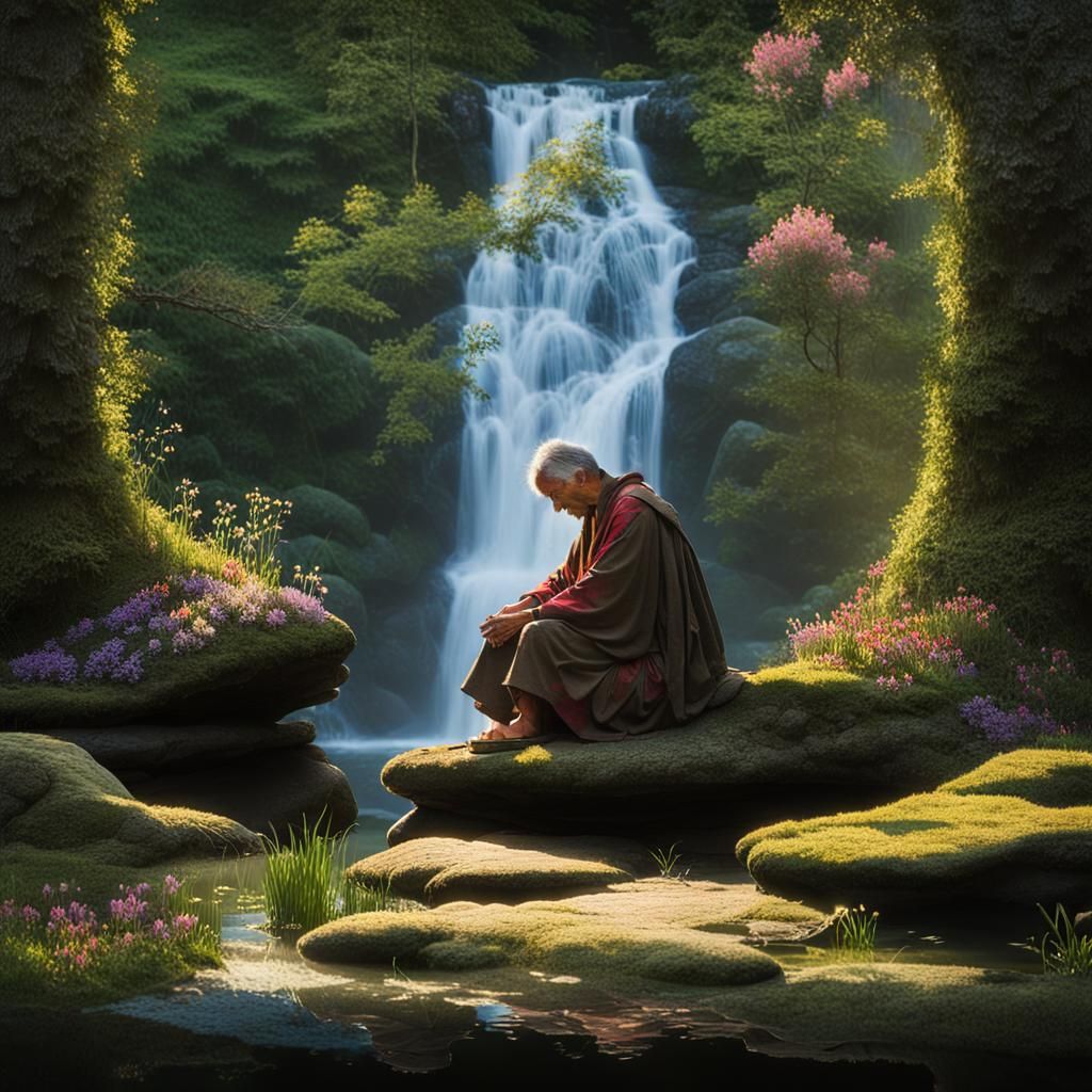 Meditating Man in Nature, Dark Fantasy Concept Art
