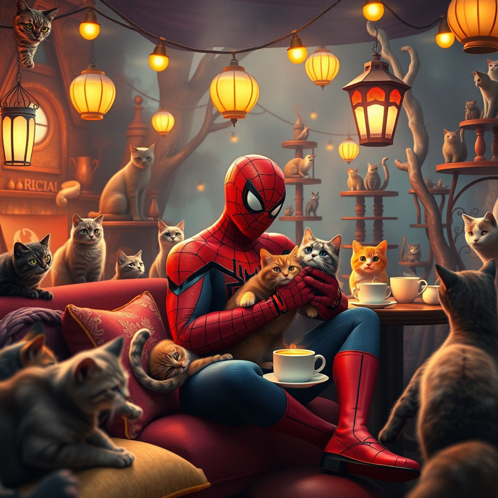 Spider-Man in Whimsical Cat Cafe Concept Art
