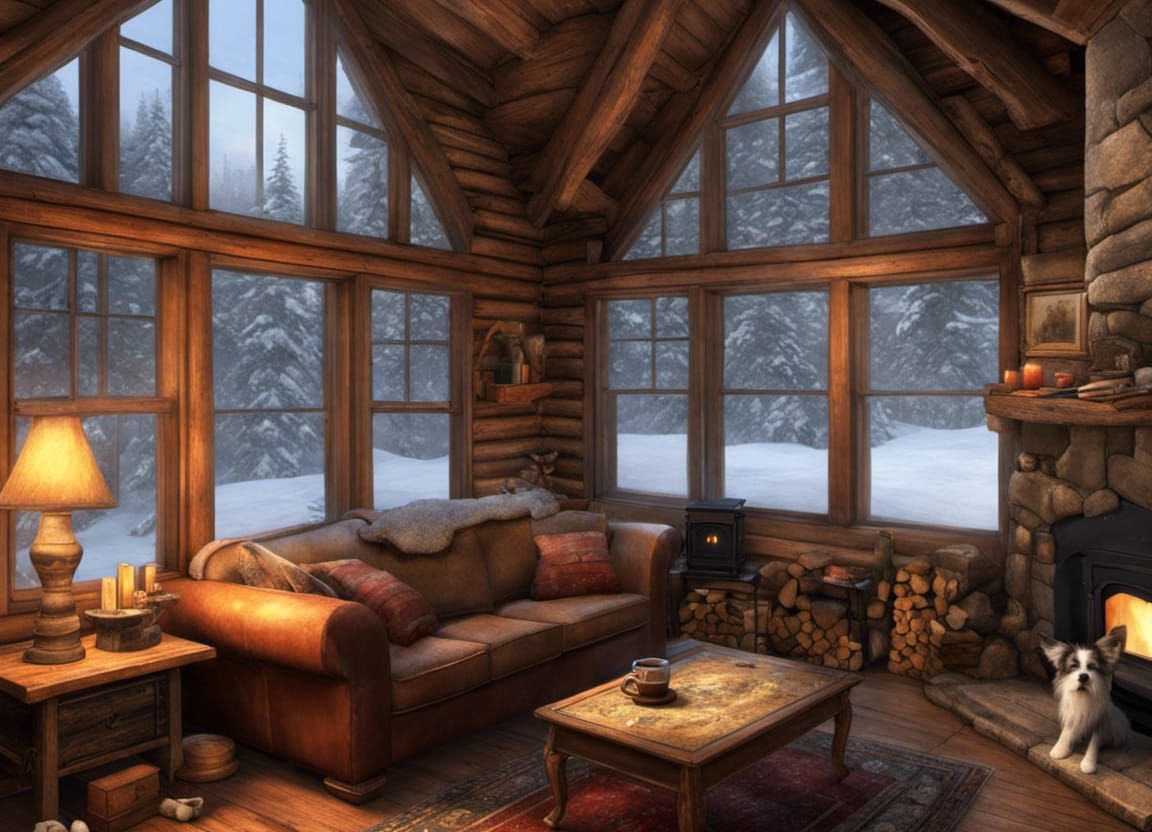 Cozy Cabin Interior with Snowy Woods, Fantasy Art
