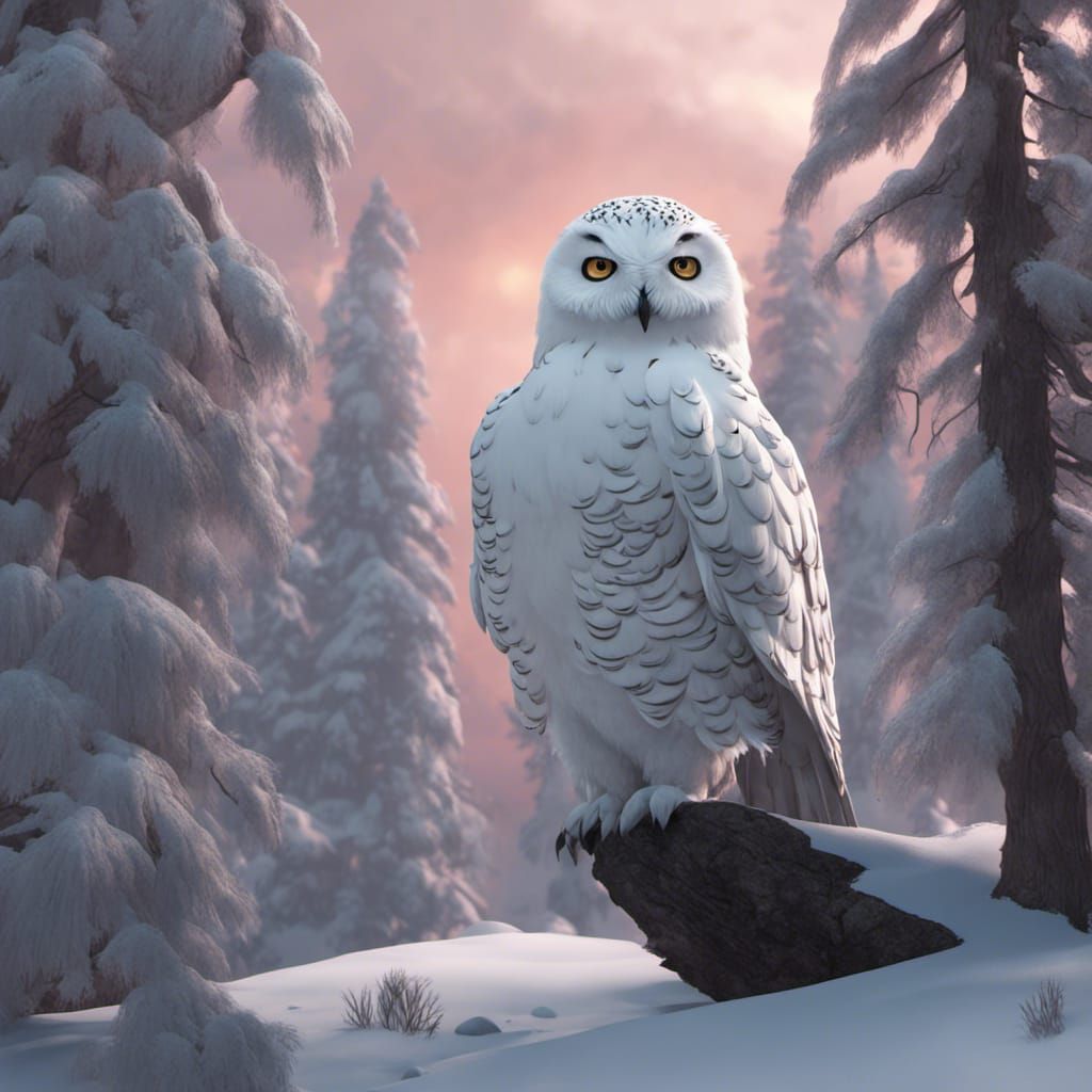 Snowy Owl in Winter Pines: Fantasy Art