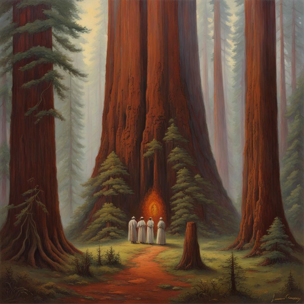 Redwood Forest Cult: An Oil Painting Scene