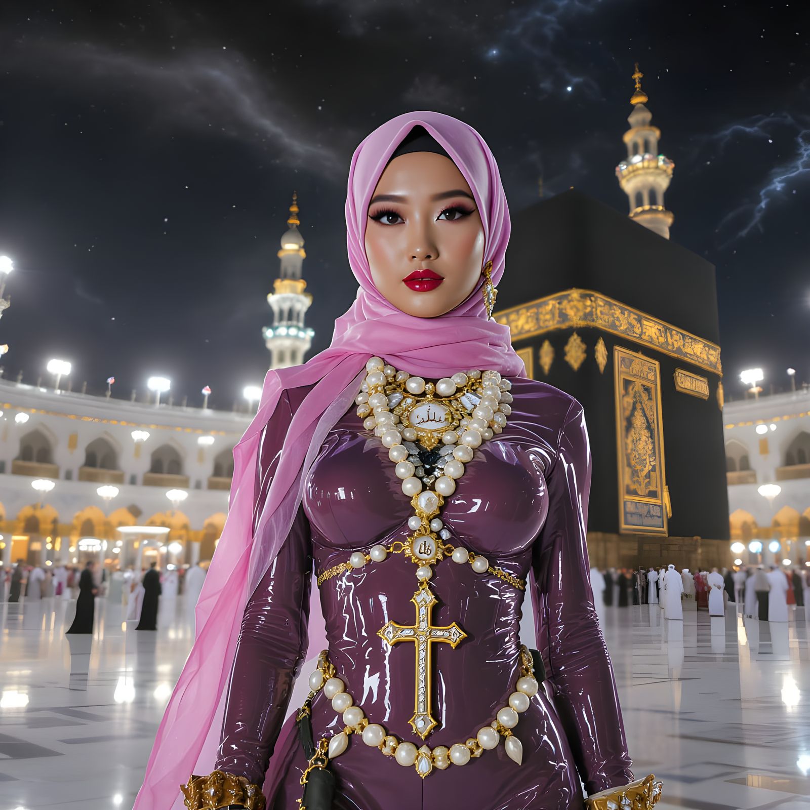 Asian Woman in Hijab at Ka'bah in Futuristic Style