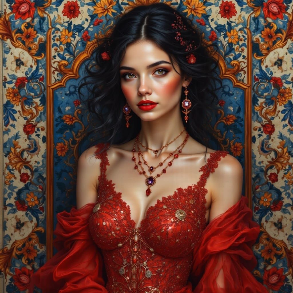 Elegant Raven-Haired Beauty in Vibrant Red Gown