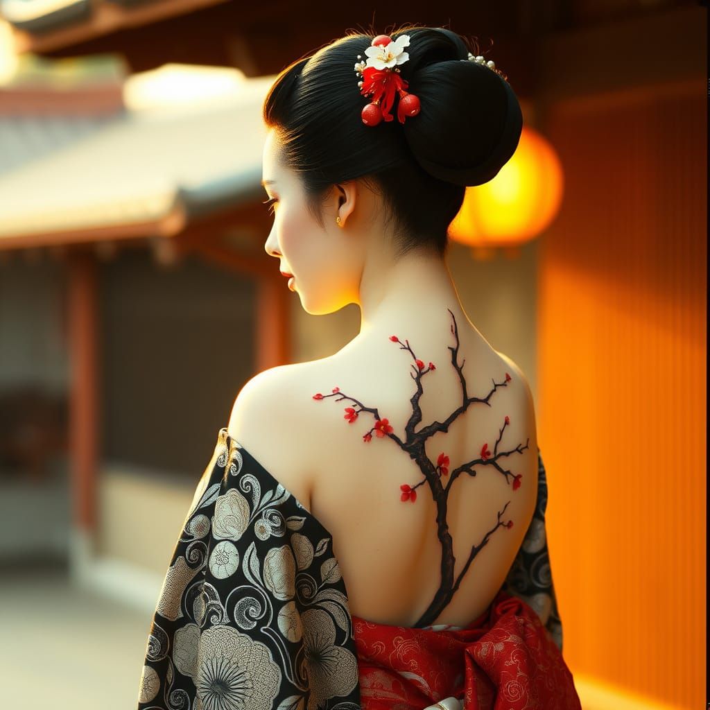 Traditional Japanese Geisha in Elegant Black and White Kimon...