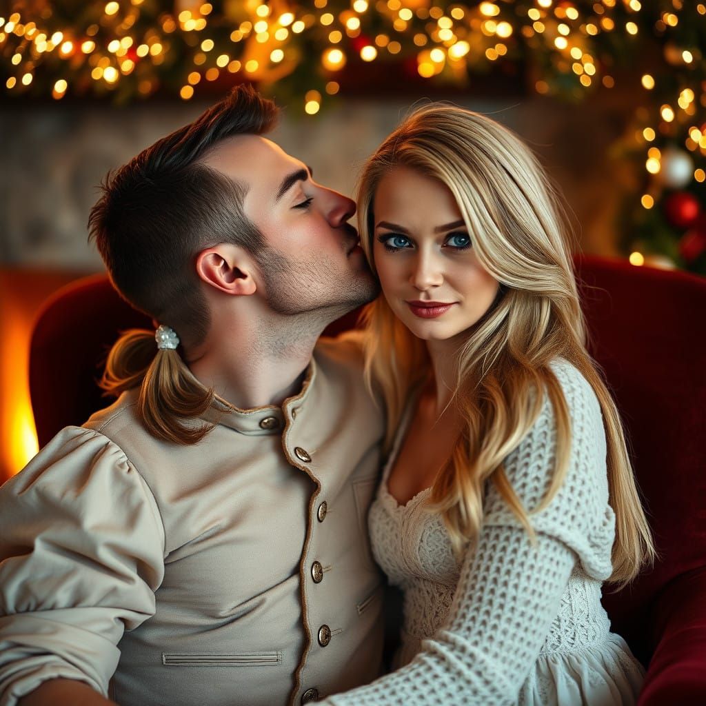 Intimate Christmas Moment with Sparkling Lights and Fireplac...