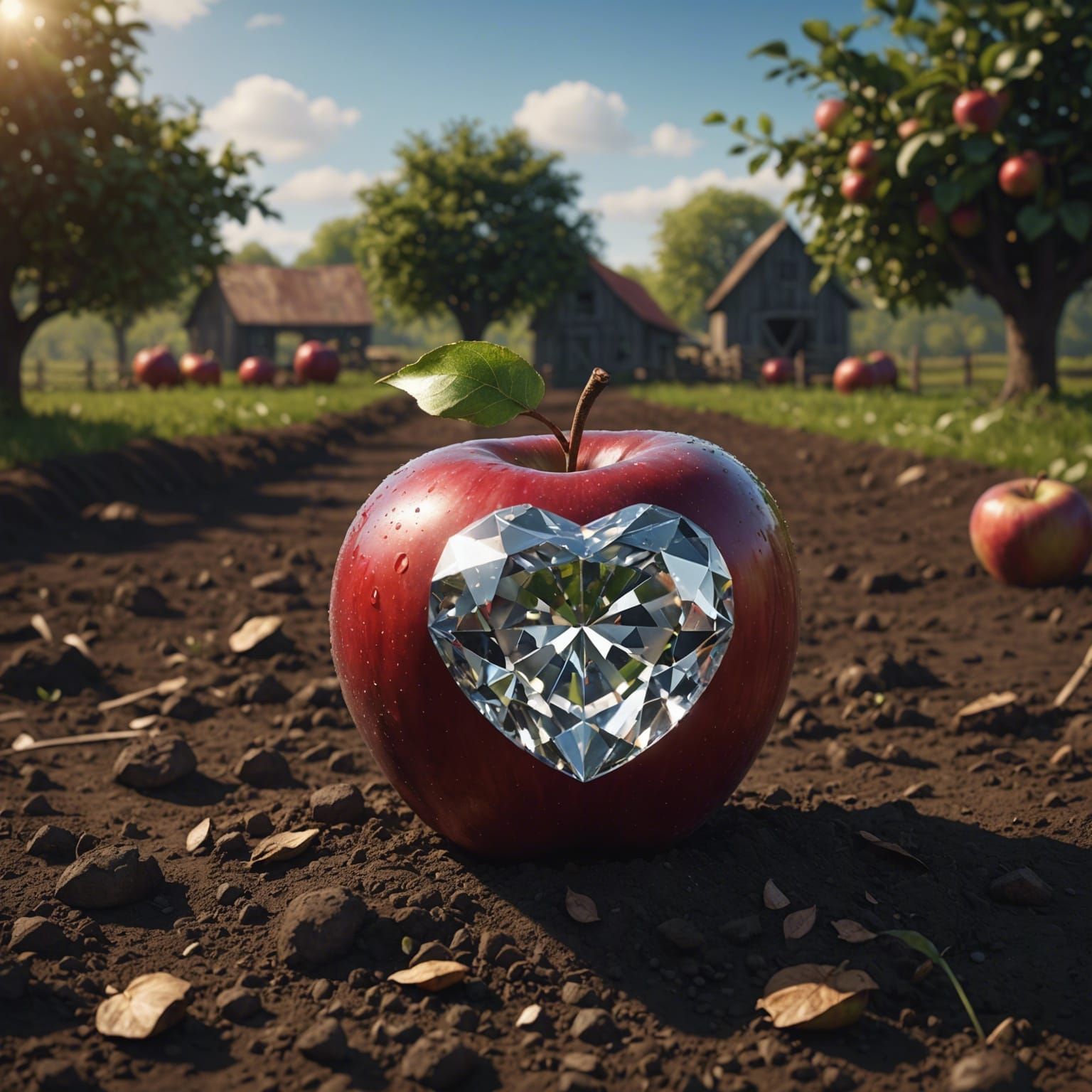 Diamond Apple Glistening on Farm in Matte Painting