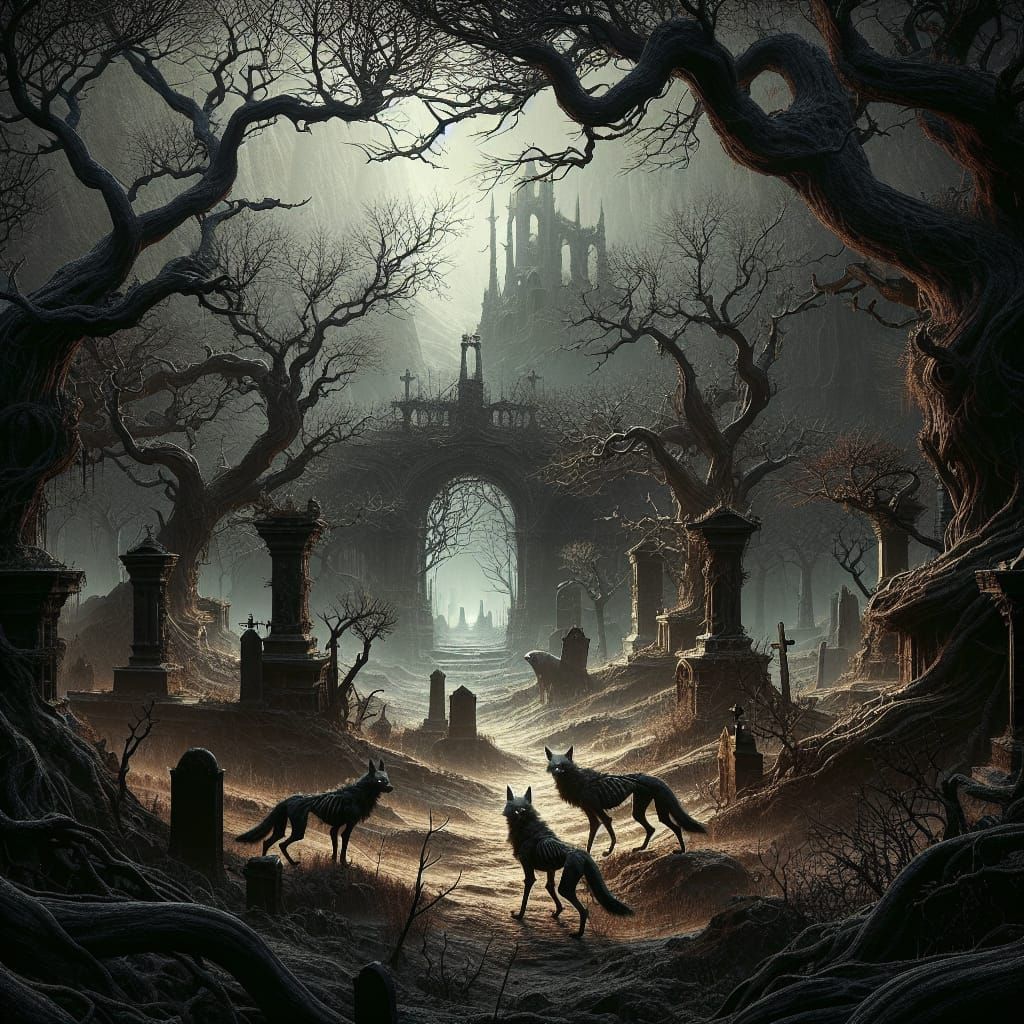 Menacing Jackals in Gloomy Graveyard: Dark Fantasy Scene