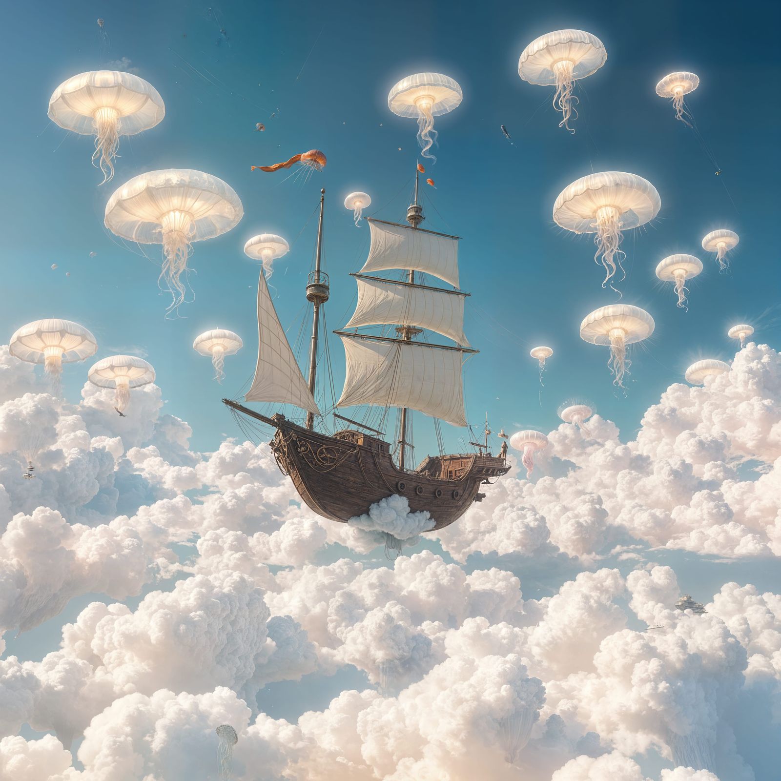Ethereal 3D Anime Ship in Clouds with Jellyfish